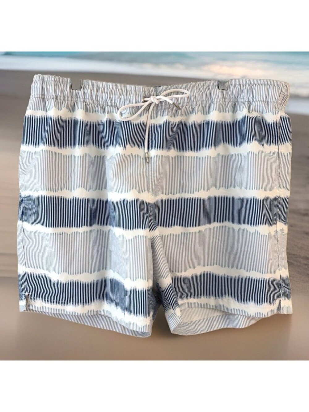 Lands End Men's Striped Swim Trunks Bathing Suit Size XXL Blue Pockets Beach